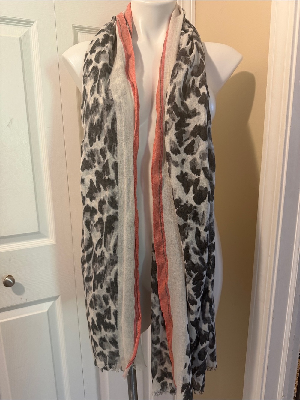 LOFT Black and White Leopard Scarf with Coral Trim